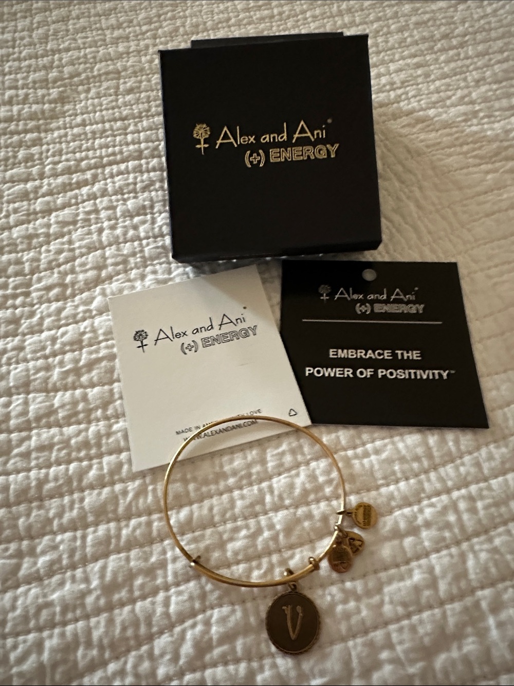 Alex and Ani Gold Initial V Charm Bangle with Energy Charms